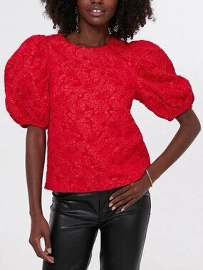 Tuckernuck Hyacinth House Jacquard Noelle Floral Red Puff Short Sleeve Top XXL